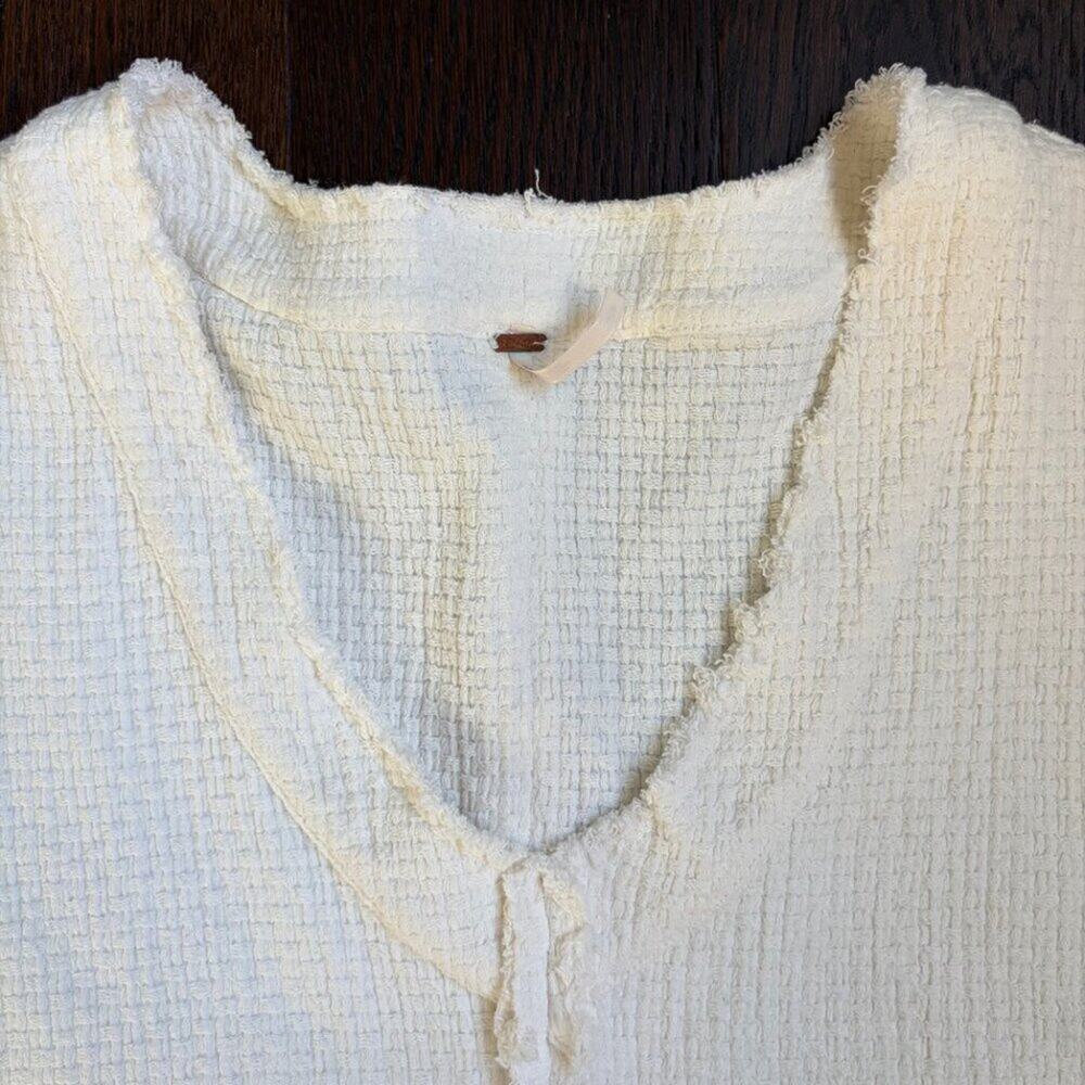 Free People Thermal Waffle-Knit V-Neck Short Sleeve Top (White) - Size Large - Picture 2 of 11